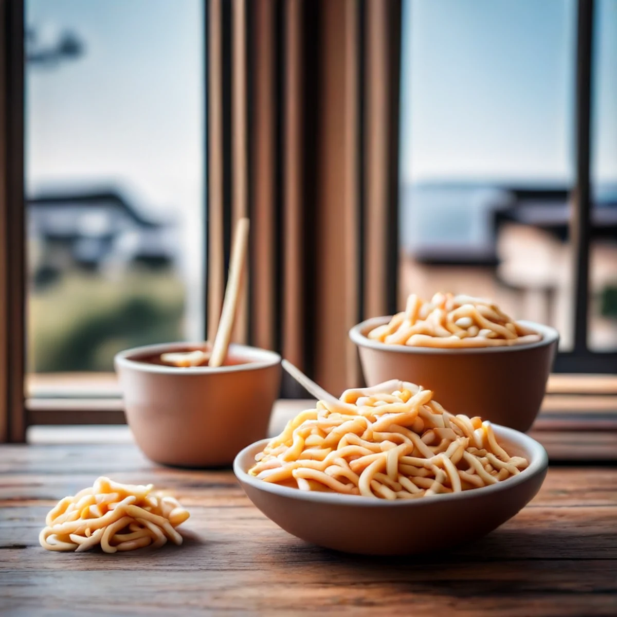 Tazza di ramen istantaneo su un tavolo di legno in luce naturale