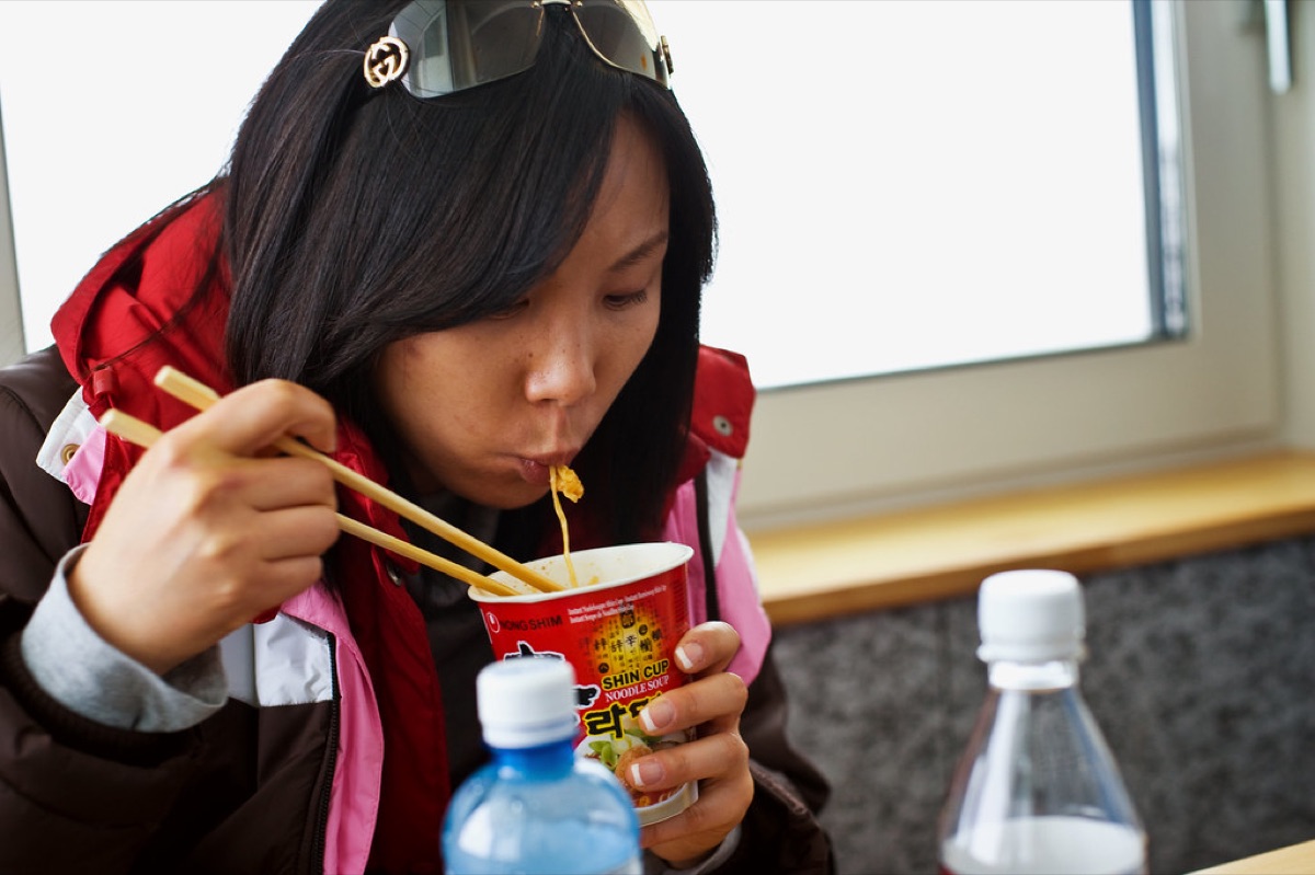 Close-up of chewy spicy ramen noodles.