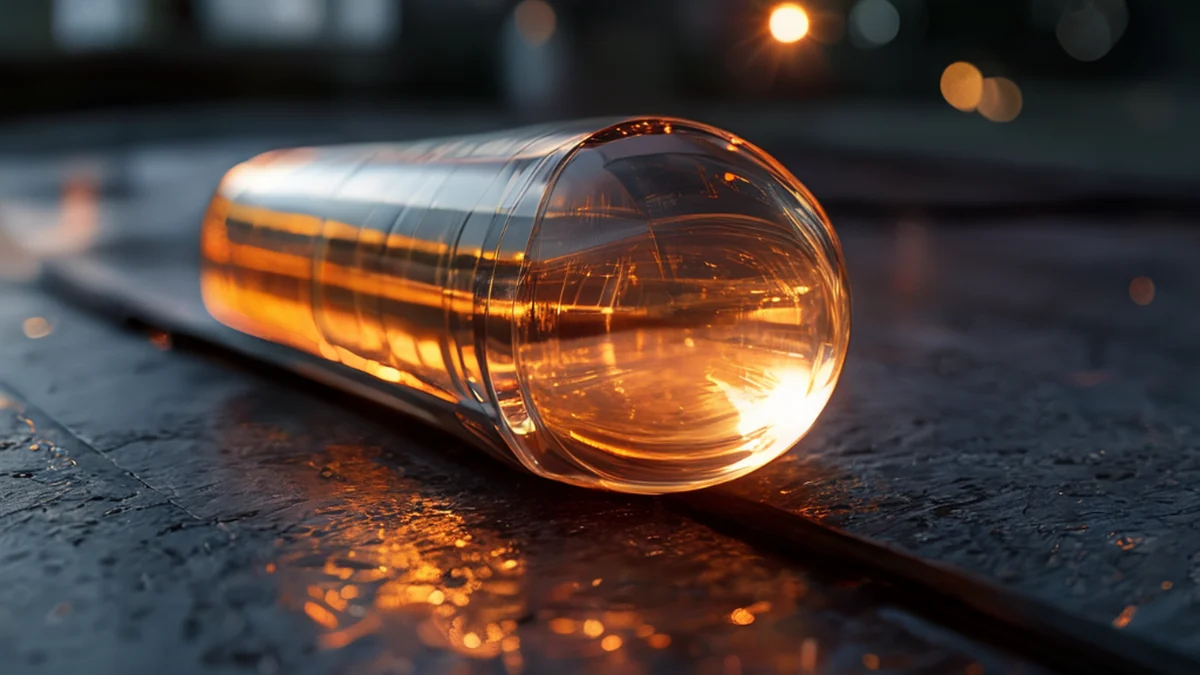 eine glasige, refraktive Schienenlinse mit texturierter Oberfläche, auf einem dunklen Beton-Tisch, unter warmem Seitenlicht, flache Schärfe, photorealistisch, scharfe Schärfe, hohe Details