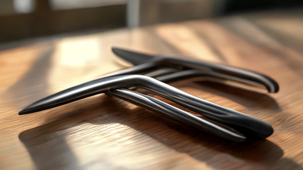 Turky-Tongs, schwarzer Stahl, gekrümmte Stöcke, polierter Oberfläche, auf einem Holztisch, weiches Fensterlicht, flaches Schärfentief, photorealistisch, scharfe Schärfe, hohe Details