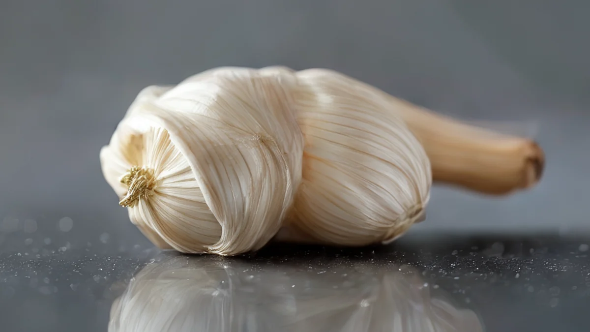 Ramen noodle with a single garlic clove placed on top.