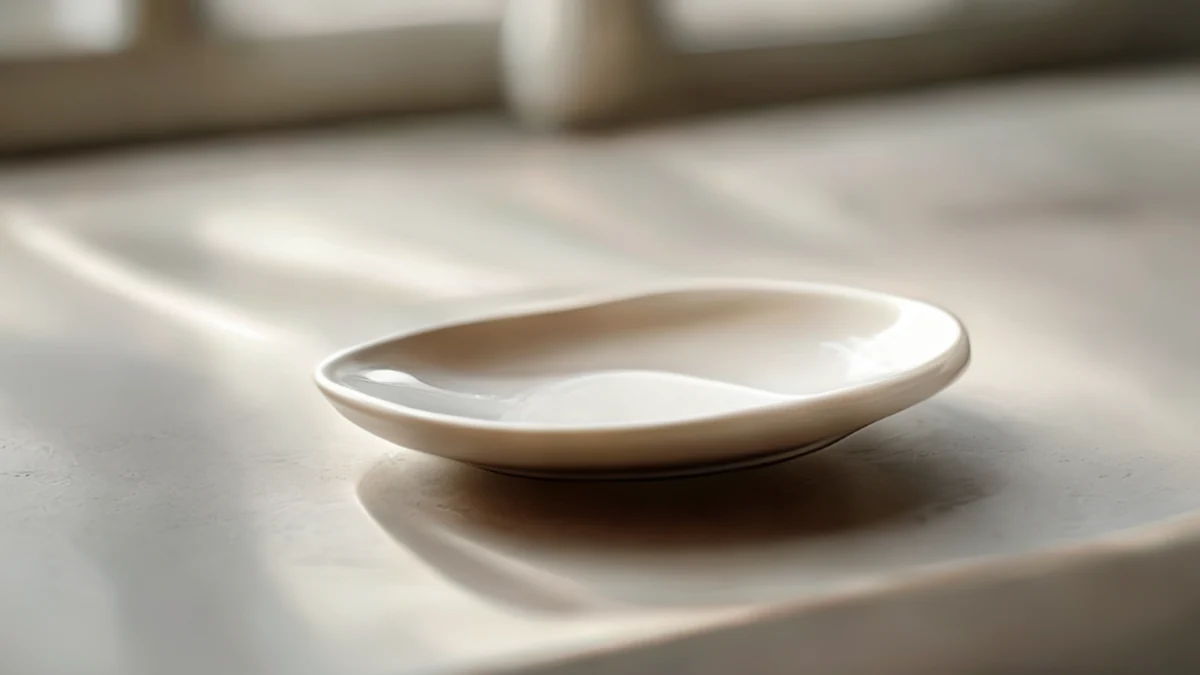 Un seul support à cuillère en plastique, forme ronde, couleur blanche, surface lisse, posé sur un plateau en porcelaine sous une lumière douce du fenêtre.