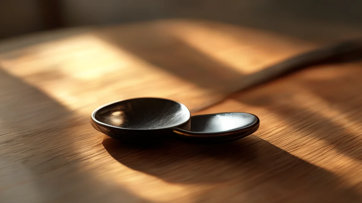 Spoon en noir poli, manche courbée, texture bois, sur une table en bois simple, sous une lumière douce latérale, champ de profondeur faible, réalisme photo, focus aiguisé, détails élevés