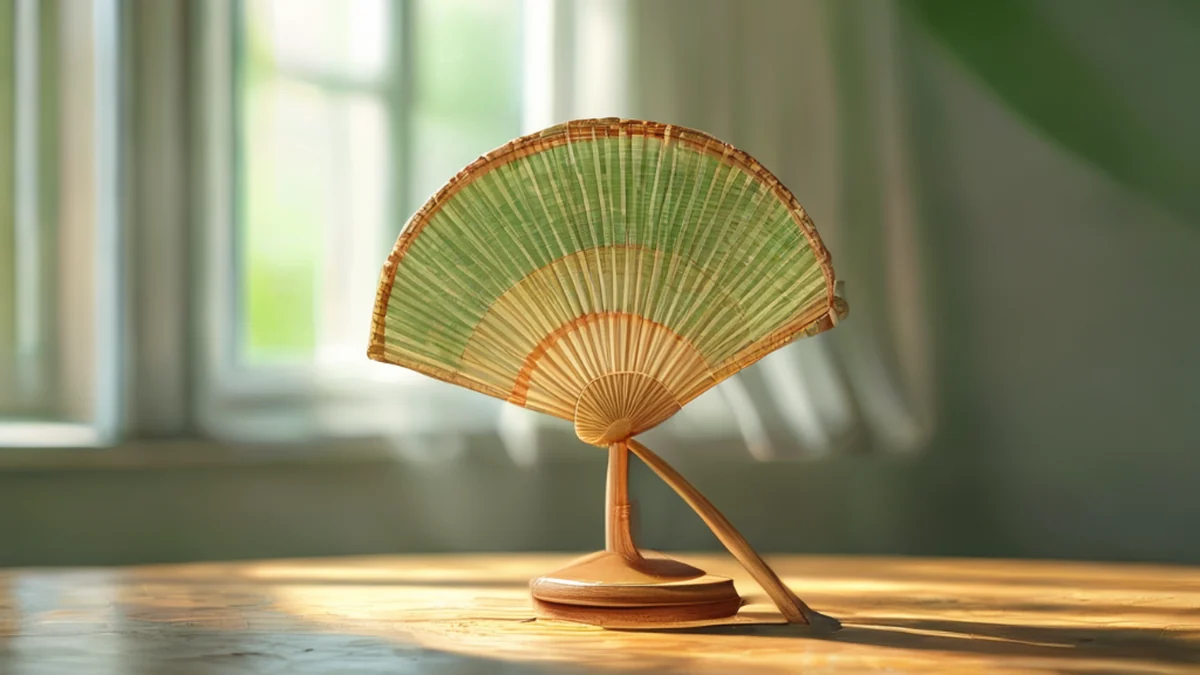 Fan de rattan com base em madeira, cor verde natural, texturado, sobre uma mesa de madeira simples, luz suave, profundidade de campo baixa, fotorealista, detalhes altos