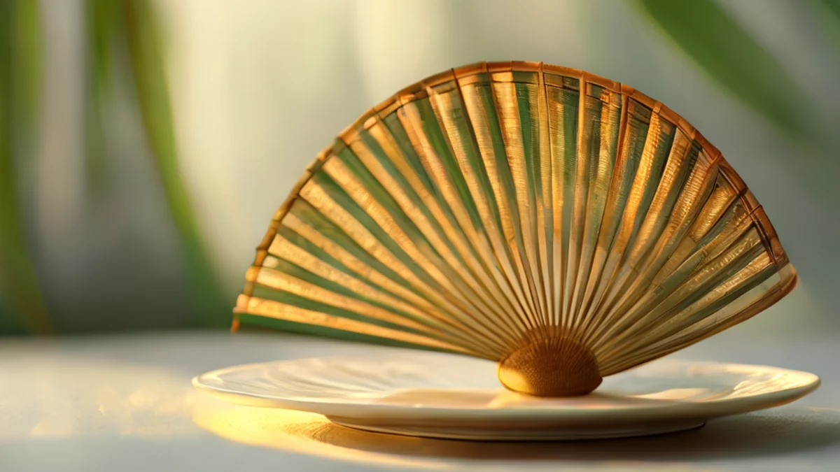 Fan de rattan, verde com borda curva, sobre um prato de porcelana branco, sob o amanhecer dourado, profundidade de campo suave, fotorealista, foco nítido, detalhes altos