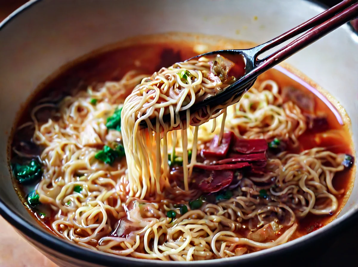 A spoon stirs thick ramen noodles and red spicy broth in a ceramic bowl.