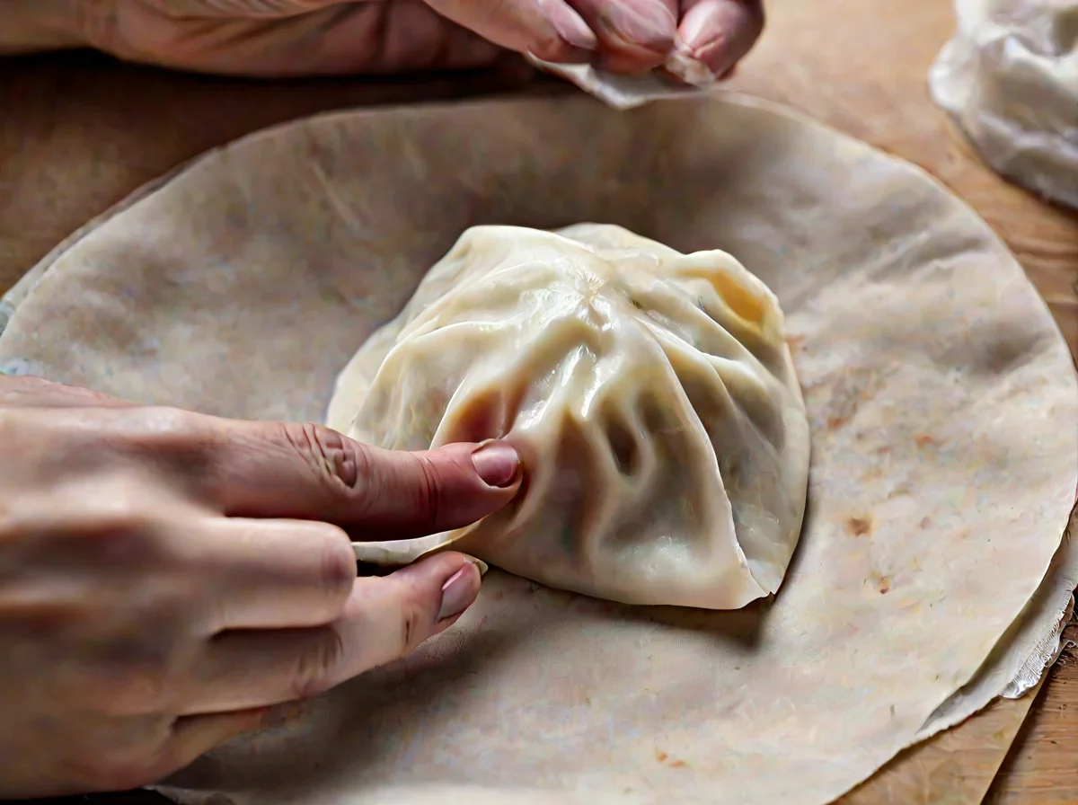Human hands pinching a thin white dough wrapper's edges to seal a dumpling on a floured surface.