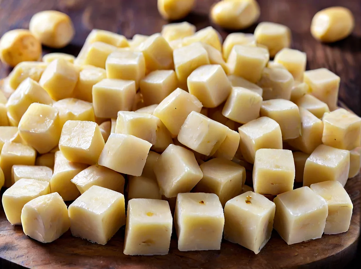 Cubos de patata amarilla cortados uniformemente sobre una tabla de cortar