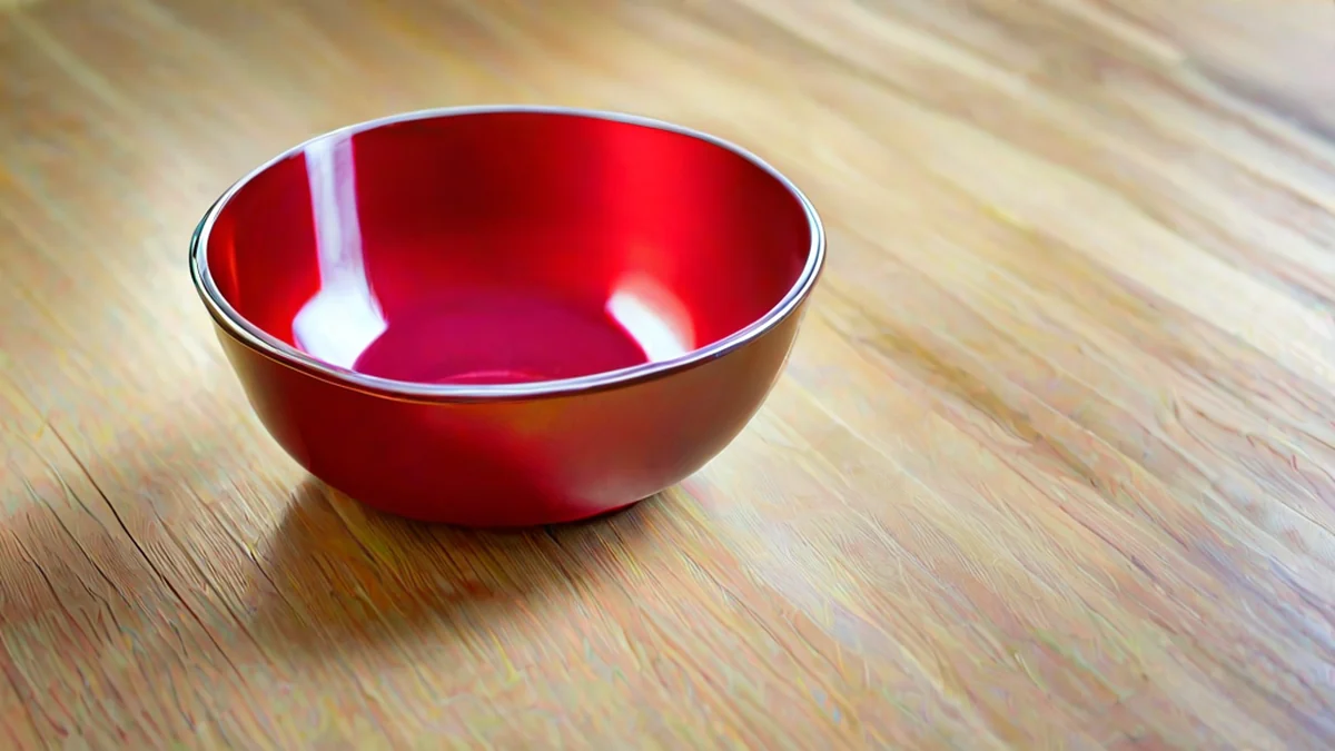 un piatto di plastica rossa con riflessione metallica, arrotondato e poco profondo, poggiante su una mensola in legno, luce laterale calda, profondità di campo poco profonda, realismo fotografico, focus netto