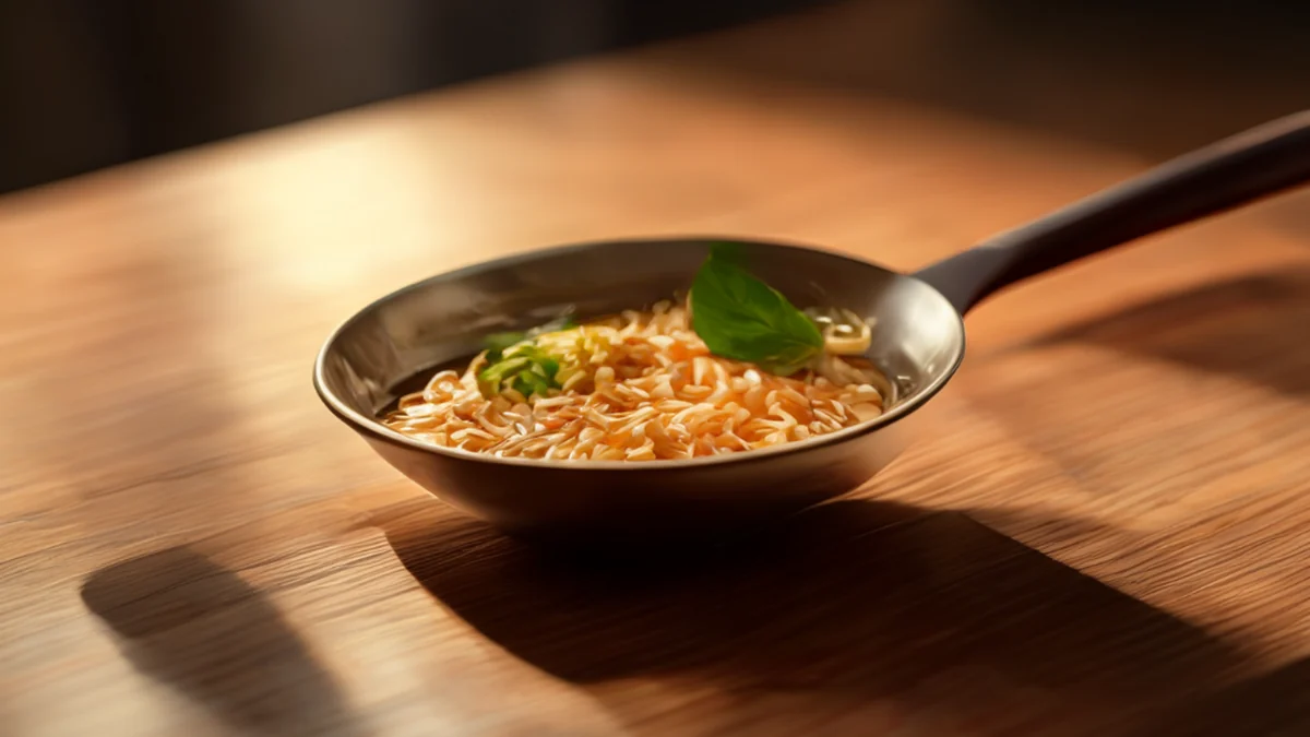 라멘 리프 스푼, 검은색 핸들, 도장된 스티로스틸, 곡선 핸들, 나무 테이블에 놓인, 따뜻한 측면 빛, 얕은 포커스, 초현실적인, 높은 세부도