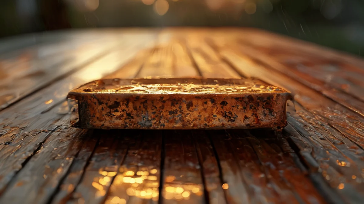 Um escáner úmido, enferrujado, com textura de pele, centrado em uma mesa de madeira simples, sob a hora dourada, profundidade de campo suave, fotorealista, foco nítido, detalhes altos