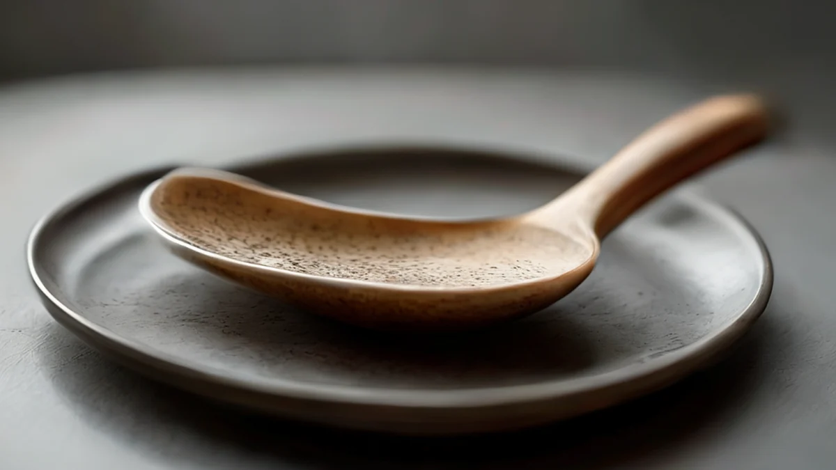 Uma colher de madeira com uma cabeça curva e um suporte, usada em Hana no Kuni.