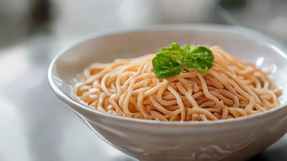 Ramen-Soba-Strang, hellbraun, glatt, auf weißem Porzellan, übermorgen, schärfes Fokus, photorealistisch, hohe Details