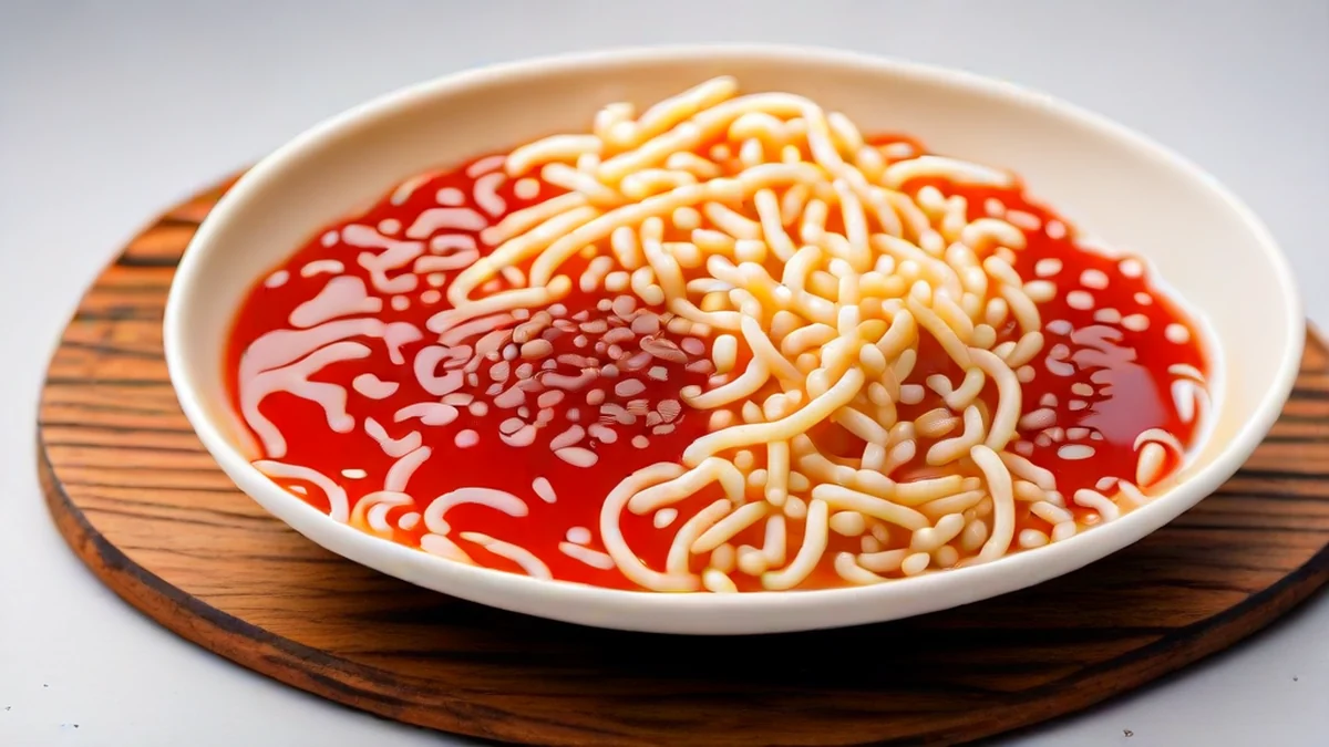 Ramen soup surface shows noodles, broth, and toppings.