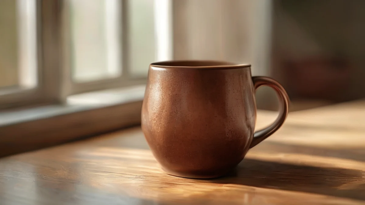 Ceramic mug, rounded base, deep brown, rough interior, on wooden table, soft light, shallow focus, photorealistic, high detail