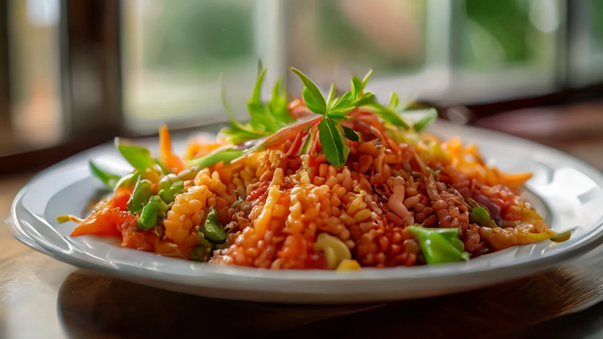 Un plato de comida vietnamiana fusion, colores vibrantes, superficie lisa, luz suave de ventana, lente 50mm, profundidad de campo suave, foto realista, enfoque claro, detalles altos