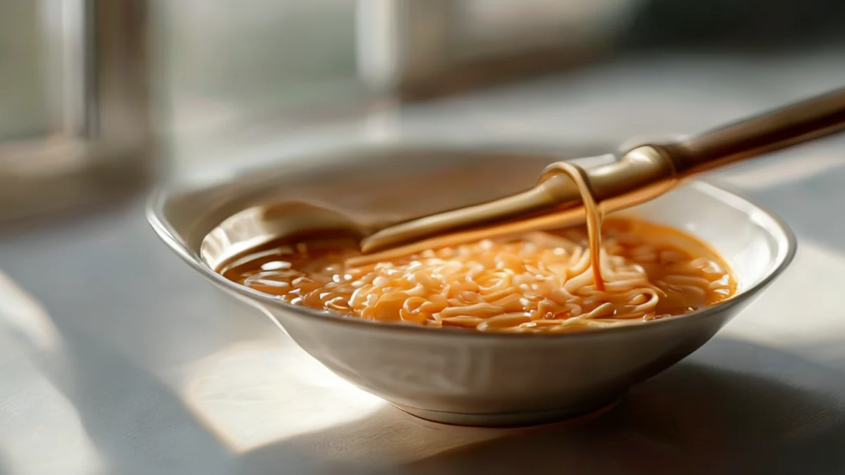 Ramequette à soupe, cuivre, tube allongé avec une fine soufflet, surface polie, sur un plat en porcelaine, lumière douce, champ de profondeur faible, réalisme photo, détails élevés