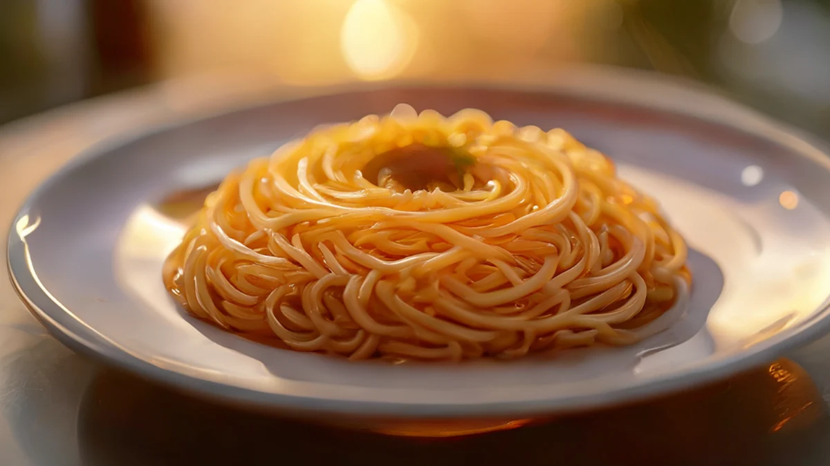 Een gouden ramen-spiraal, centraal op een wit porseleinen plaat onder de gouden uurlicht, zachte scherpte, fotorealistisch, scherp focus, hoge details
